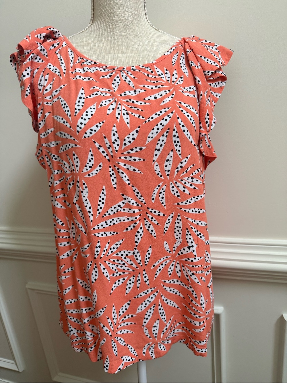 LOFT Coral Leaf-Print Ruffle Sleeve Blouse
